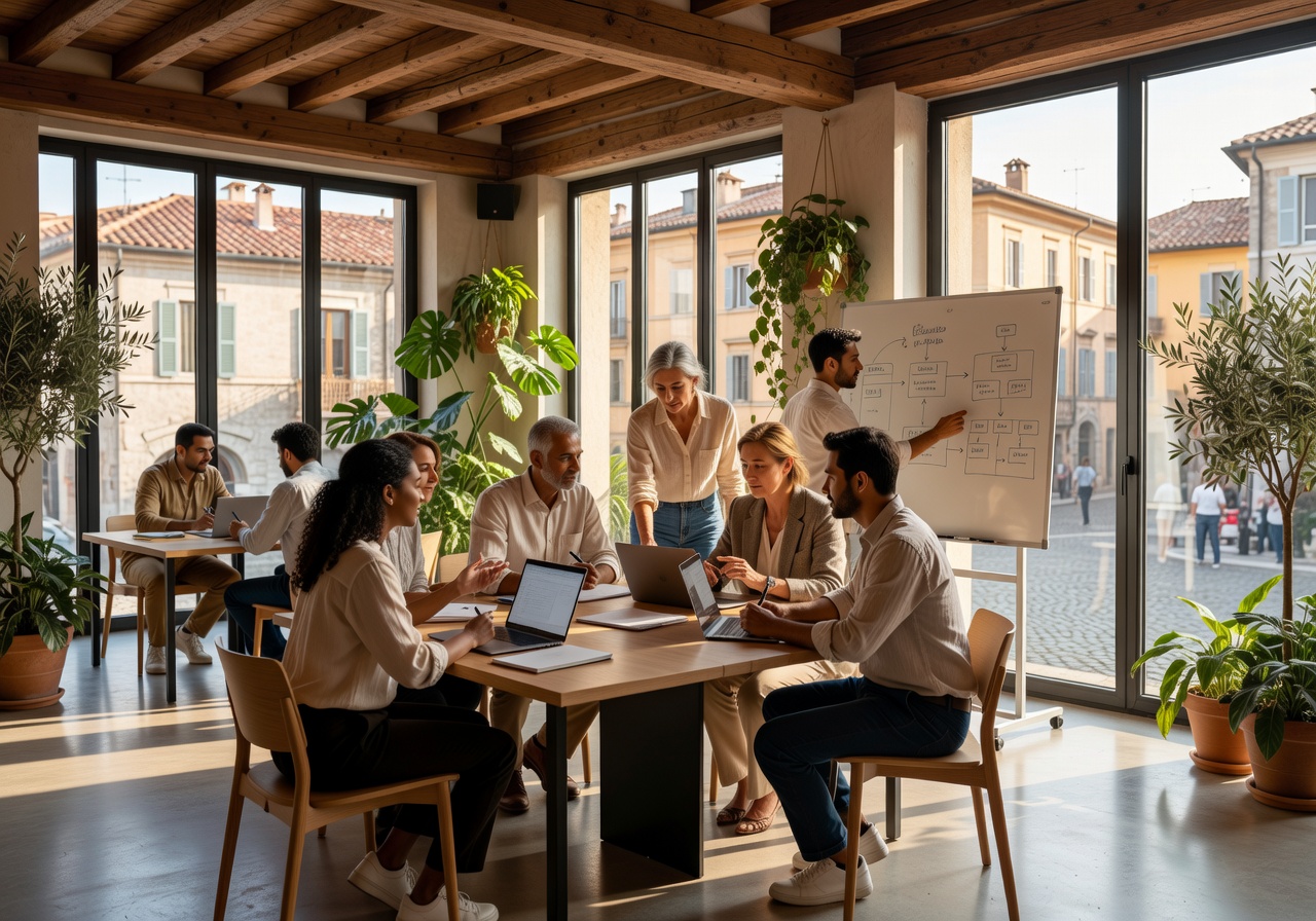 Diverse team collaborating in a modern Italian coworking space
