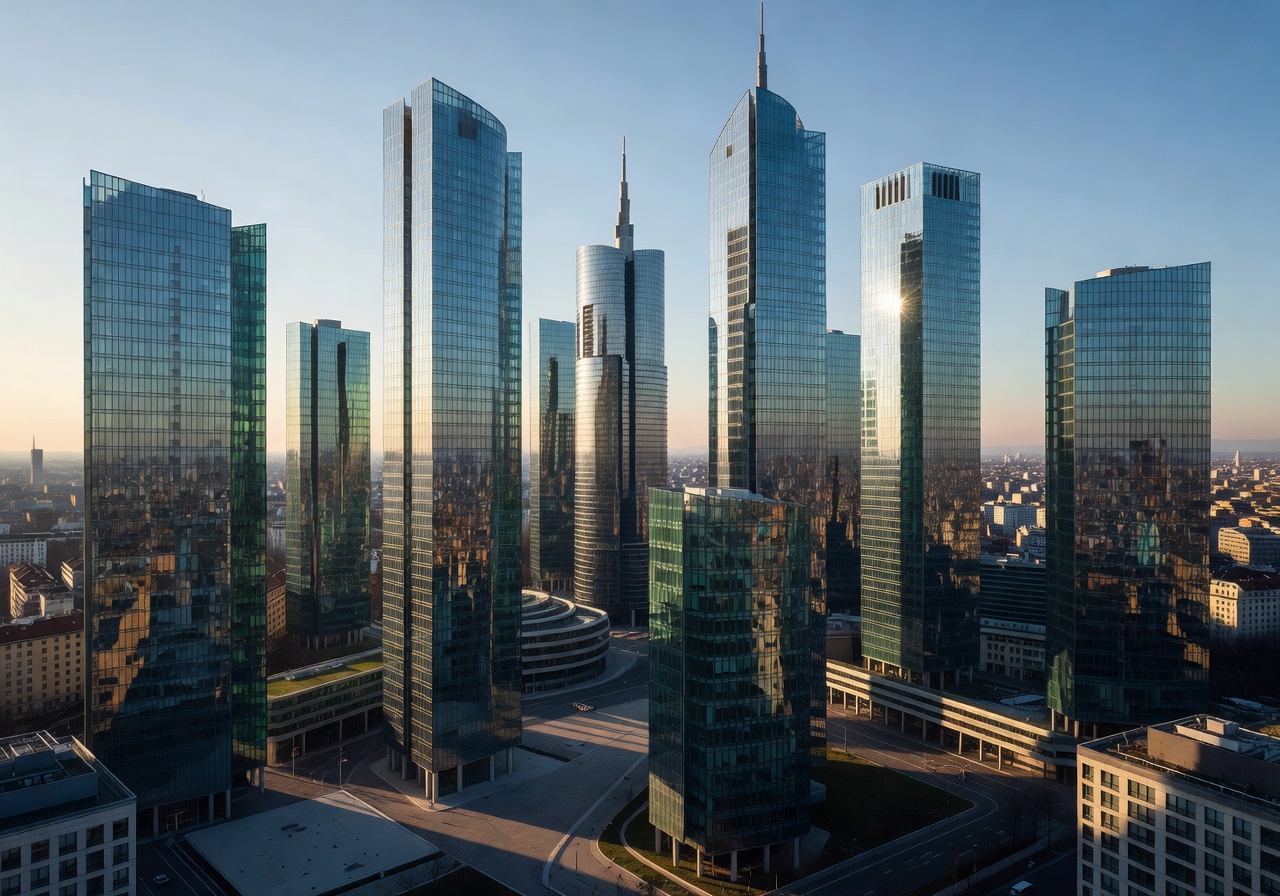 Milan financial district skyline with modern glass buildings