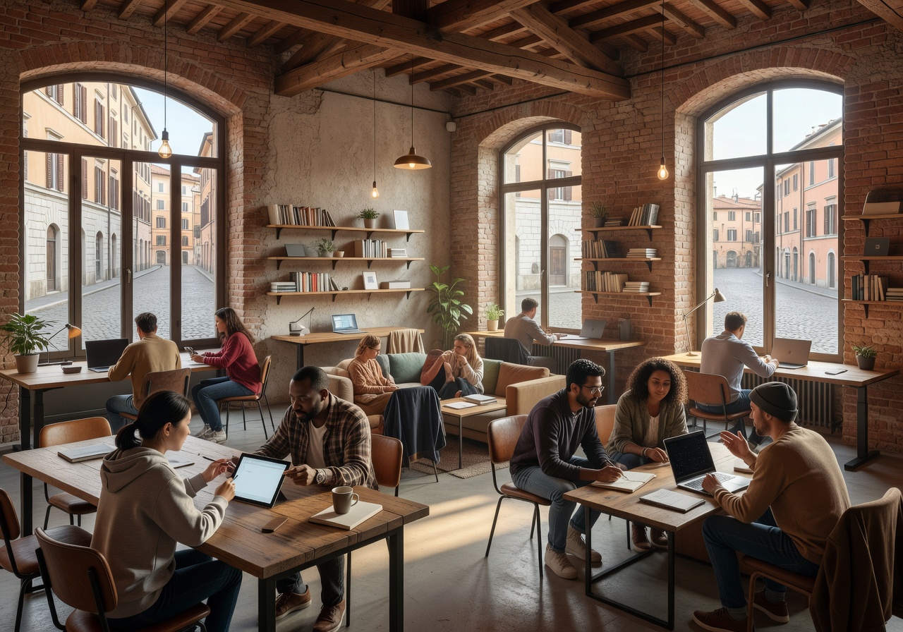 Modern coworking space in Italy with diverse startup teams collaborating