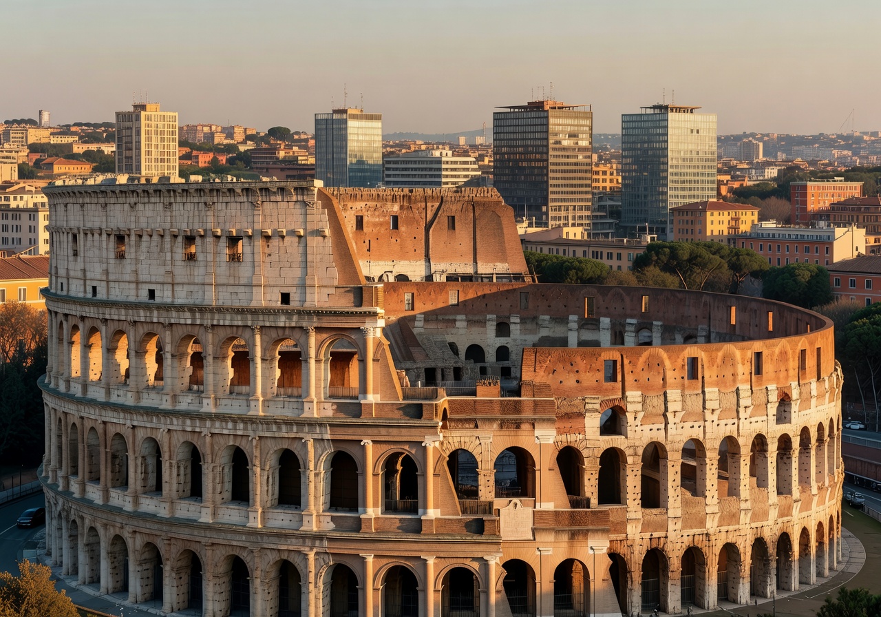 Rome ancient Colosseum with modern city in background