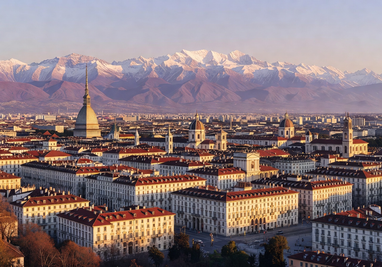 Turin city panoramic view with Alps mountains in background